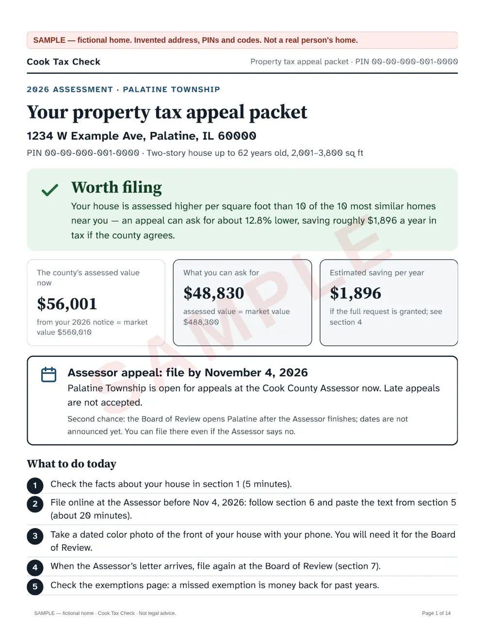 Sample appeal packet, page 1: summary for a fictional home with the current assessed value, the requested value and the filing deadline
