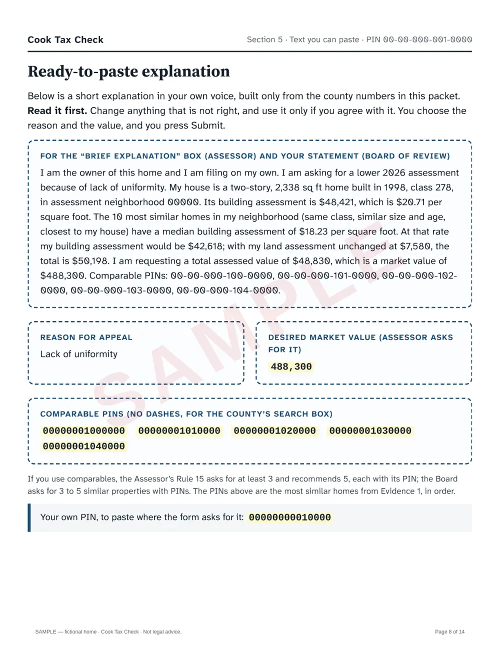 Sample appeal packet, page 9: ready-to-paste explanation, reason for appeal, requested value and comparable PINs for a fictional home